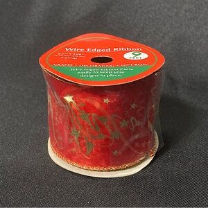 Merry Christmas Gold And Red Sheer Wire Edged Craft Ribbon 2.5” x 108”